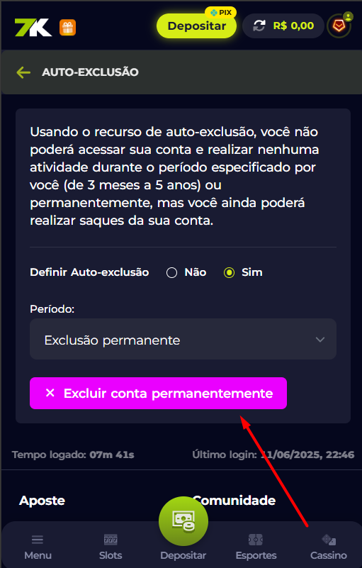 Passo 6 exclusao de conta
